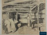 esquisses d'un dessin représentant une femme dans une chambre avec un lit