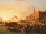 tableau représentant une vue d'un canal avec des bateaux et des personnes