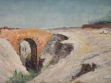 painting of a painting of sheep in a field with a bridge in the background