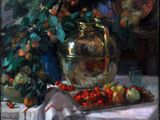 a painting of a vase and a plate of fruit on a table