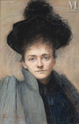 an image of a painting of a woman wearing a black hat