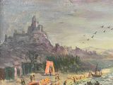 an oil painting of a beach scene with boats and people on the shore