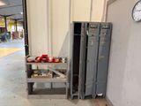 two lockers in a room with a clock on the wall