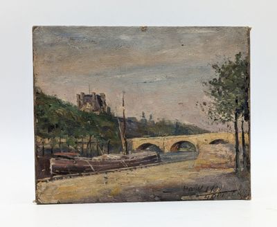 une peinture à l'huile représentant un pont sur une rivière avec un château à l'arrière-plan