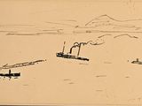 un dessin représentant un bateau sur l'eau, avec une montagne en arrière-plan