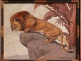 tableau représentant un lion se reposant sur un rocher, avec un palmier en arrière-plan