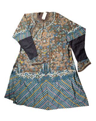a blue and brown dress with a pattern on it