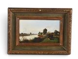 une peinture à l'huile représentant une scène fluviale avec des vaches paissant dans un champ