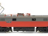 a red and gray train on the tracks on a white background
