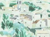 painting of a view of a town with a church on a hill
