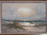 painting of a boat on a beach with sea oats in the foreground