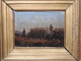 an oil painting of a group of men standing in front of a mountain