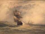an image of a painting of a sailboat in rough water