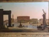 painting of a view of a city with a bridge and boats