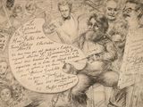 un dessin représentant un homme tenant une guitare devant un groupe de personnes