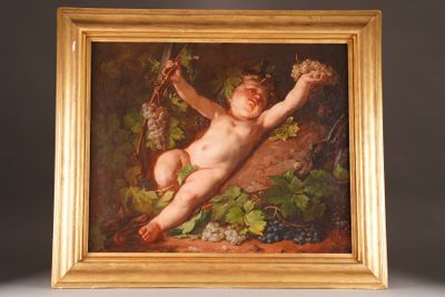 a painting of a baby with grapes in a gold frame