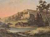 tableau représentant un château sur une colline, avec une rivière au premier plan et des arbres au premier plan