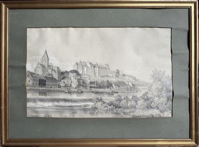 tableau représentant un château sur une colline, avec une rivière au premier plan