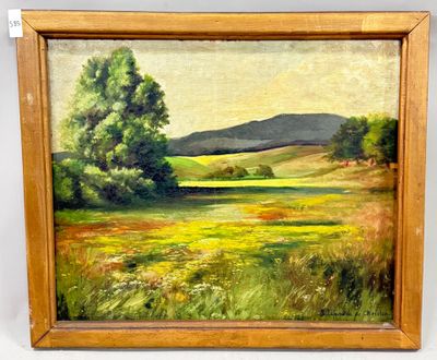 une peinture à l'huile représentant un champ avec des arbres et une montagne en arrière-plan