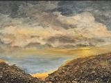 an oil painting of a sunset over a mountain range with clouds