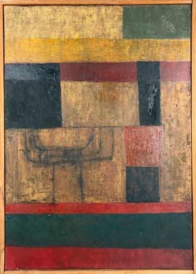une image représentant un tableau monté sur un châssis en bois, orné d'un motif rouge, jaune, vert et noir