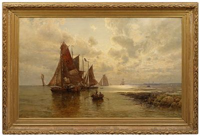 une image représentant un tableau montrant des bateaux sur l'eau près d'une rive