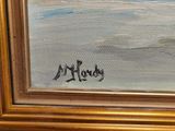 an oil painting of a seagull flying over the ocean