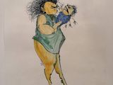 drawing of a woman holding a stuffed animal in her right hand