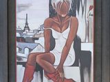 tableau représentant une femme en robe blanche assise sur un rebord devant la tour Eiffel