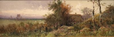 peinture représentant un tableau représentant un champ avec des arbres et des rochers