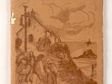un vieux livre sur lequel figure le dessin d'un groupe de personnes sur une plage