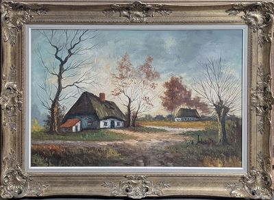 une peinture à l'huile représentant une ferme au toit de chaume, dans un cadre doré