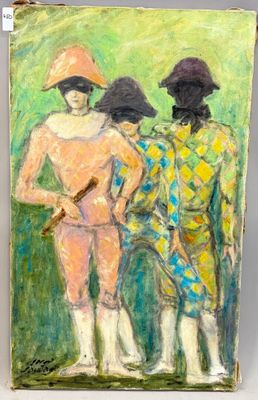 tableau représentant trois personnages dans un champ, sur fond vert