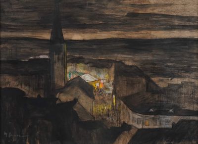 a painting of a church on a hill with a sky background