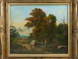 an oil painting of a farm scene with cattle and trees in the background