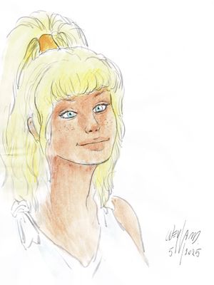 un dessin représentant une femme aux cheveux blonds et aux yeux bleus