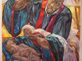 une peinture à l'huile représentant un homme lisant un livre à un bébé