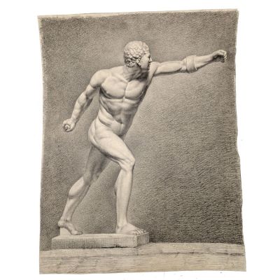 dessin représentant une statue d'un homme lançant un frisbee