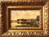 tableau représentant un bateau sur une rivière, dans un cadre doré