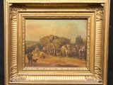painting of a horse drawn carriage with a man on the back of it