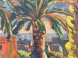an oil painting of a palm tree in front of a building