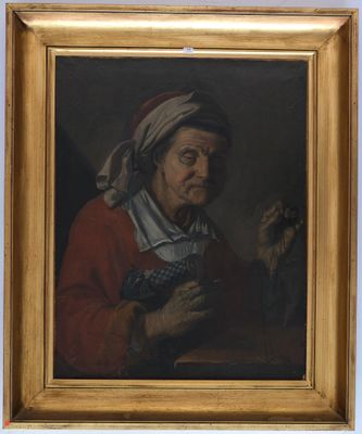 tableau représentant une vieille femme tenant un oiseau dans la main