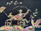 tableau représentant un homme dans une calèche, avec un oiseau sur le dos