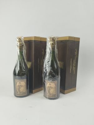 deux bouteilles de champagne posées l'une à côté de l'autre sur une surface blanche