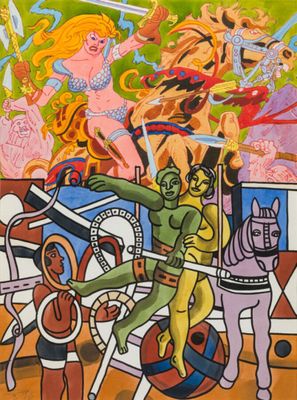 a painting of a group of people riding on a horse drawn carriage