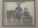 un dessin représentant un homme et une femme avec un parapluie
