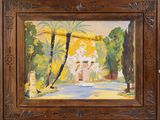 an oil painting of a street with trees and a building
