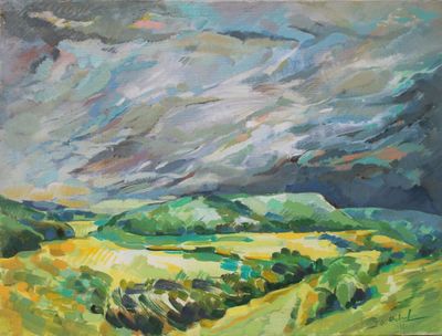 an oil painting of a field with a cloudy sky in the background