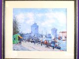 painting of a painting of a harbor scene with a horse drawn carriage