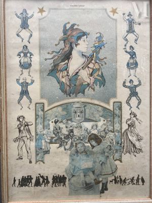 tableau représentant une femme en robe bleue, avec un groupe de personnes en arrière-plan